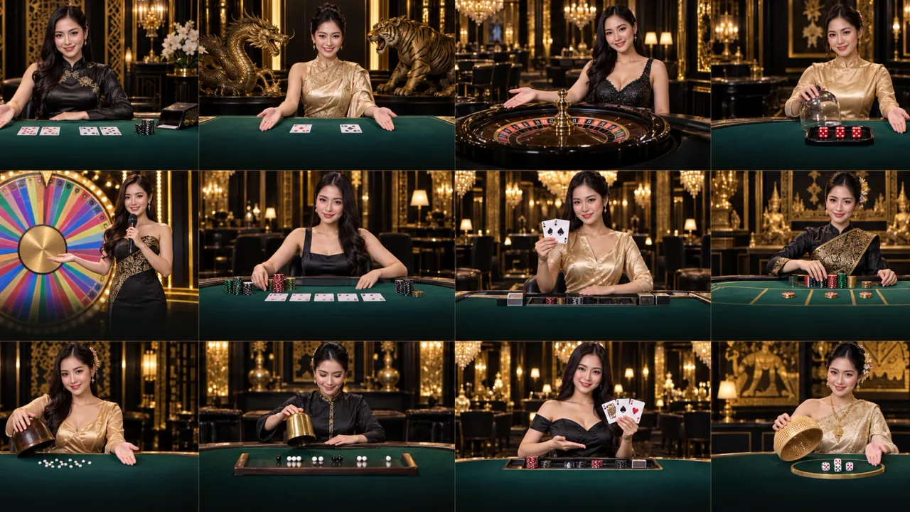ไอคอนเกมคาสิโนหลายประเภทเรียงบนพื้นหลังโทนทอง